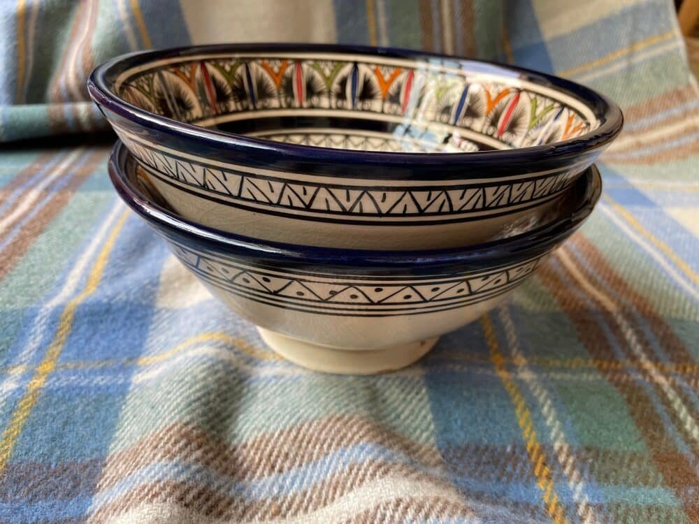 Handmade pottery bowl with Tamegroute glaze, ideal for Moroccan decor or serving.