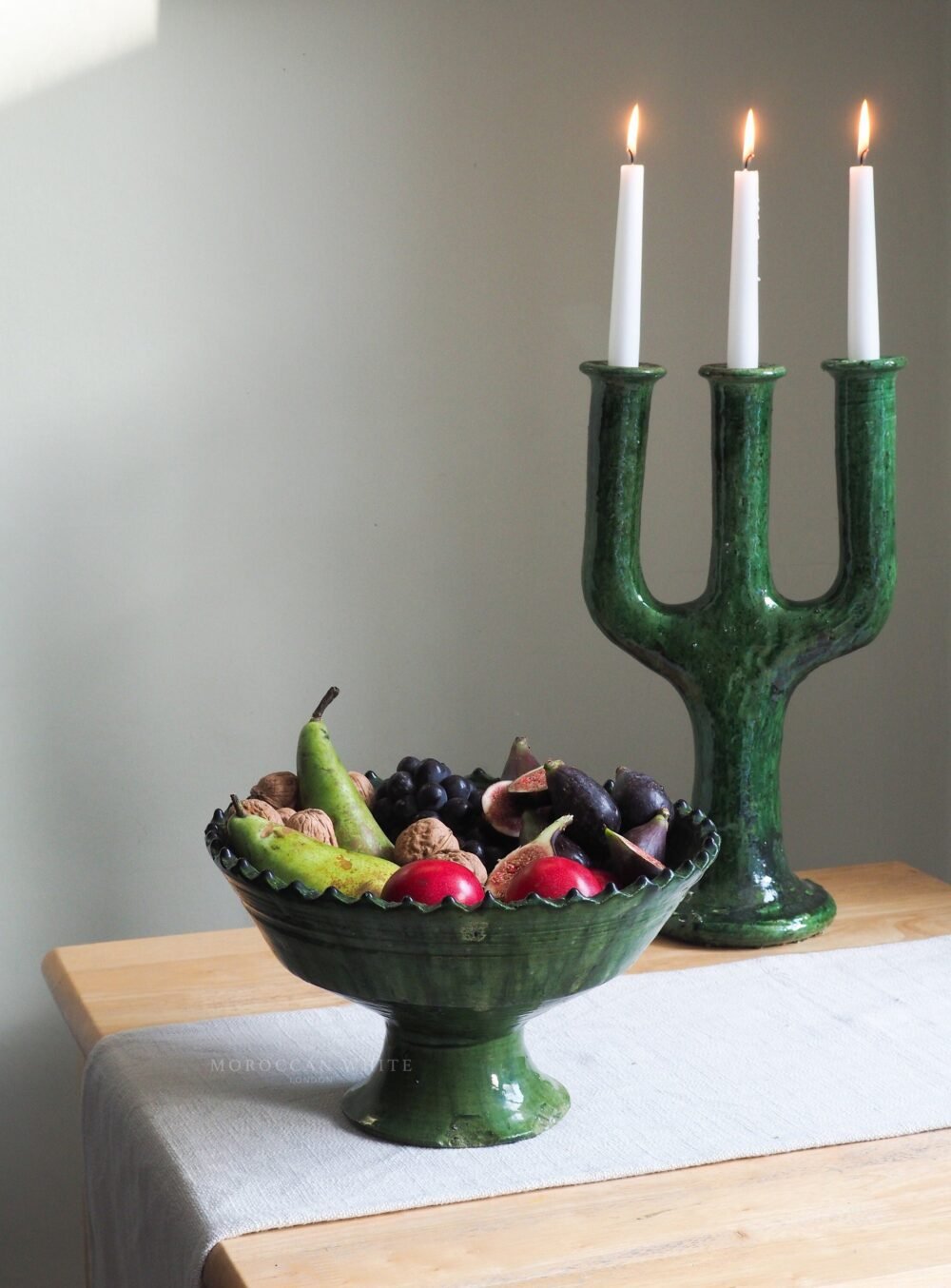 Handmade ceramic bowl for Tamegroute with unique green glaze and artisan craftsmanship