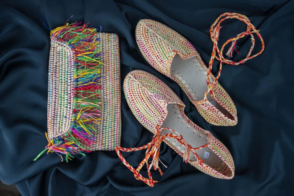 Close-up of colorful raffia material on Amazing Colored Raffia Sandal.
