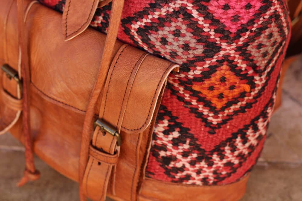 Black unique leather backpack purse with gold hardware.