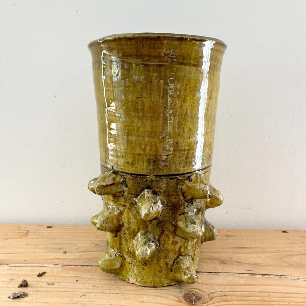 Authentic Ochre Ceramic Vase on Shelf with Dried Flowers