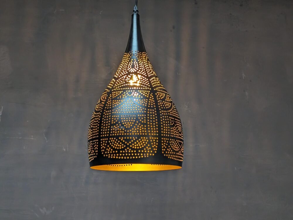 Authentic Pendant Copper Light hanging in a modern dining room