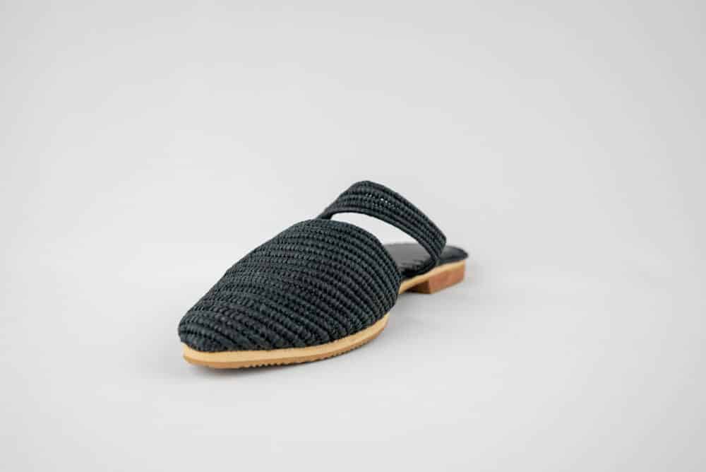 Detailed view of the premium raffia material used in the Impressive Black Raffia Slippers.
