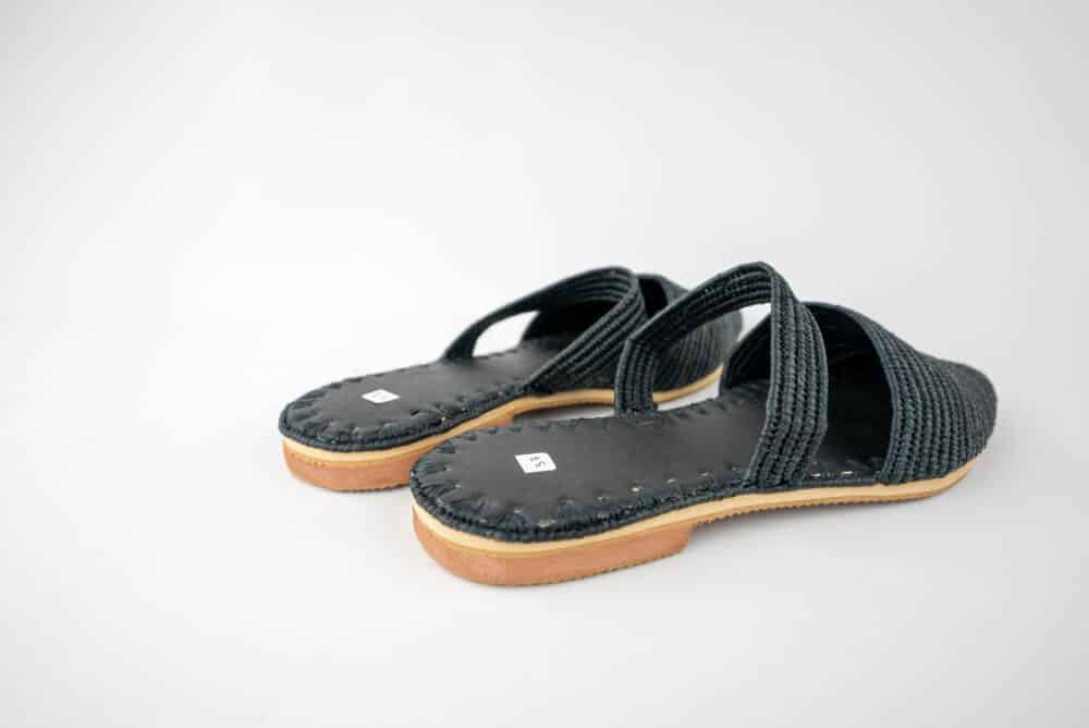 Close-up of the raffia material on the Impressive Black Raffia Slippers