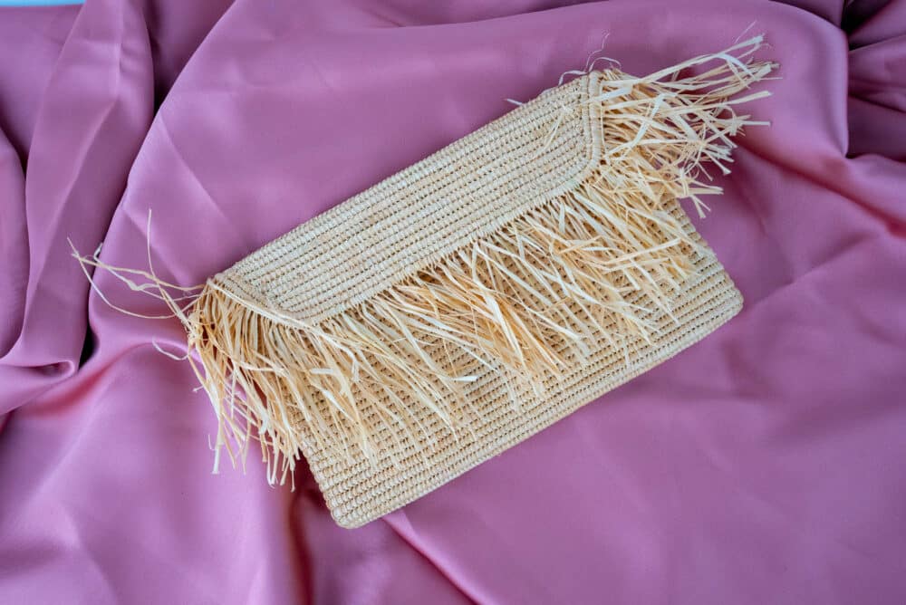 Close-up of the elegant Authentic Handmade Raffia Pouch Clutch Bag showing intricate details