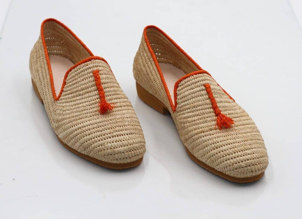 Rare Raffia Creamy Shoes with Orange Accents showcasing natural raffia material and bold orange highlights