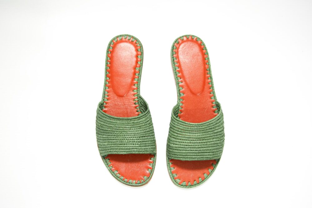 Awesome Viridian Raffia Sandals on sandy beach